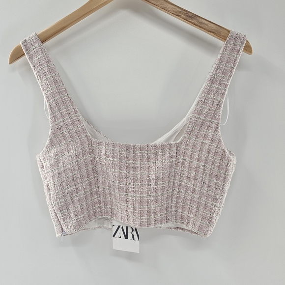 Zara Pink w/ Metallic Threads Tweed  Cropped Tank Top Womens Size Small - Picture 2 of 16